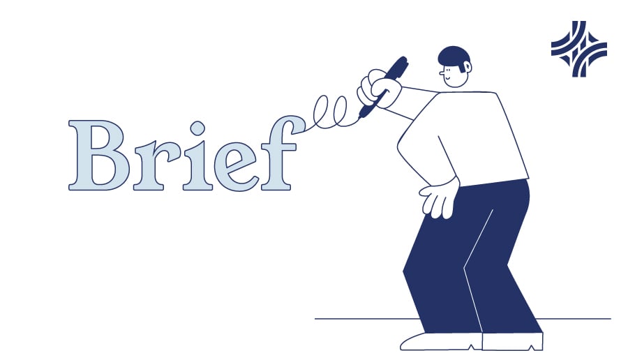 a cartoon drawing of a designer writing the word brief to show how to write a creative brief