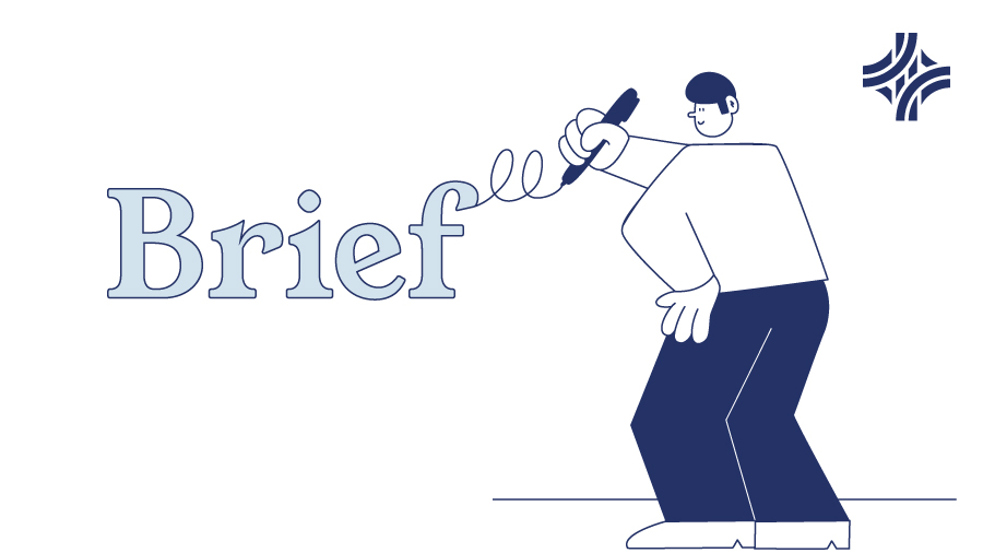 a cartoon drawing of a designer writing the word brief to show how to write a creative brief 